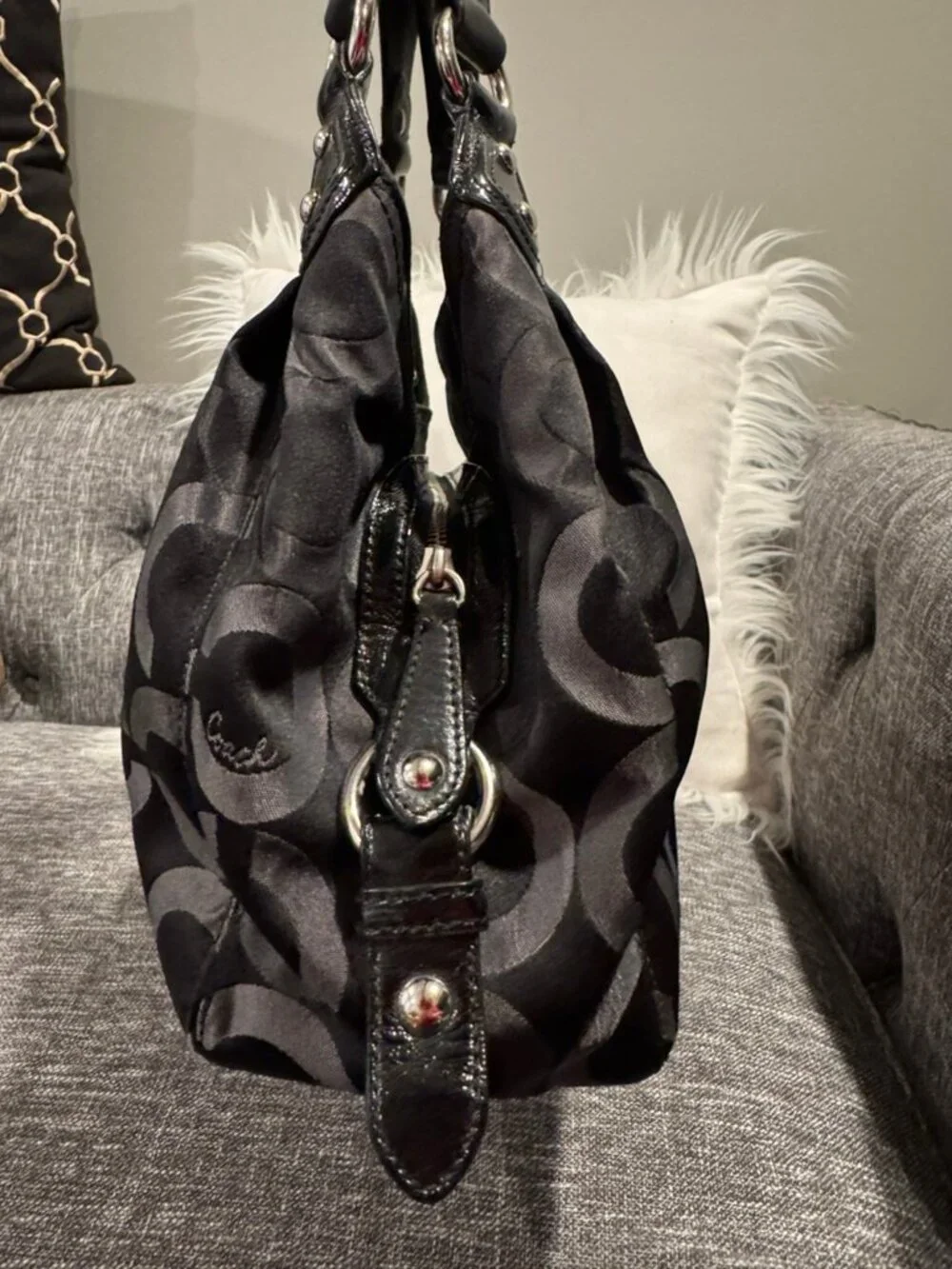Coach Op Art Multi-Compartment Shoulder Bag – Black Gray Jacquard – Style 15573